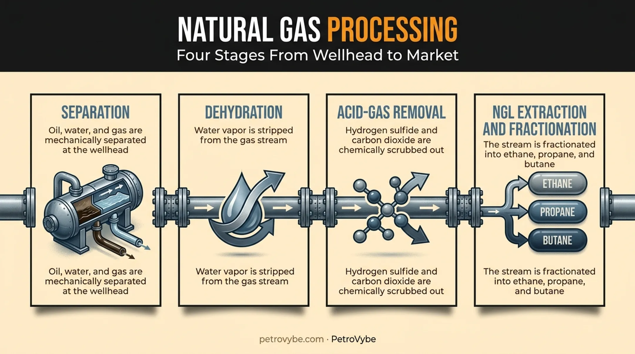Natural gas processing stages from wellhead separation to fractionation