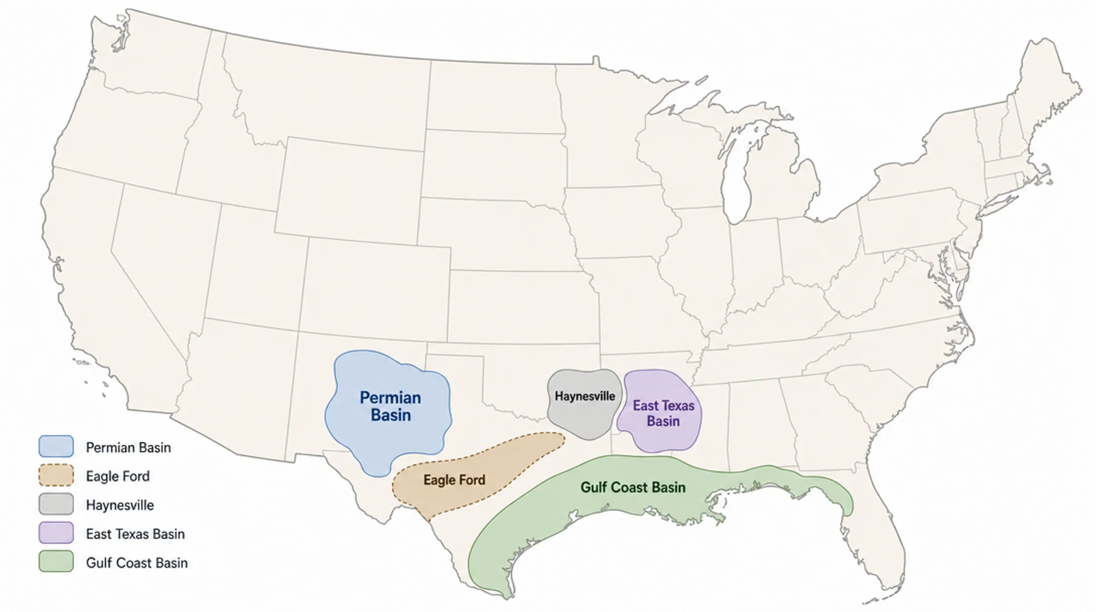 Map of major US natural gas basins including Permian and Haynesville