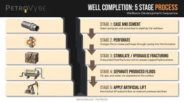 5-step well completion process from casing to artificial lift