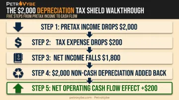 Five-step depreciation tax shield calculation showing net cash flow impact