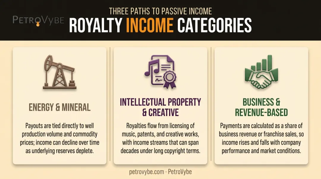 Three types of royalty income streams compared side by side