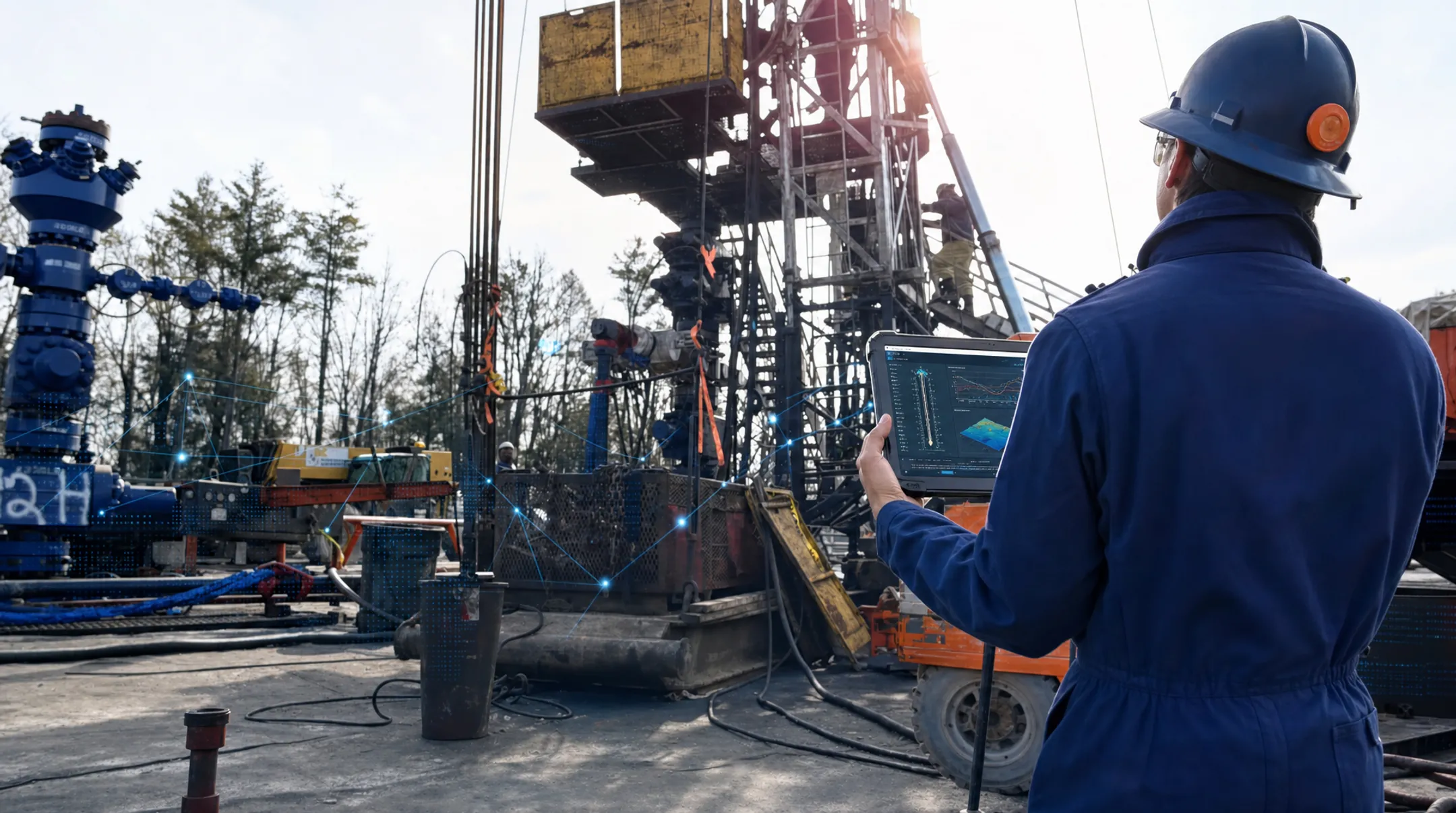 Oilfield services technicians operating digital drilling technology equipment