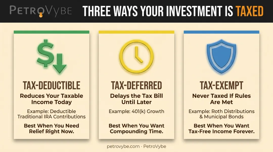 Tax-deductible versus tax-deferred versus tax-exempt investment comparison chart