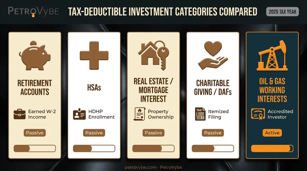 Five tax-deductible investment categories compared by eligibility and income type