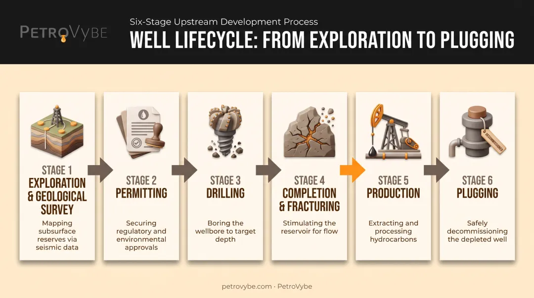 Six-stage oil and gas well lifecycle from exploration to plugging