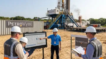 Natural gas drilling operations team reviewing well site production data