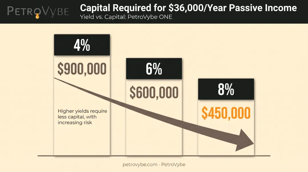 Capital needed table comparing target yields to reach $36,000 passive income