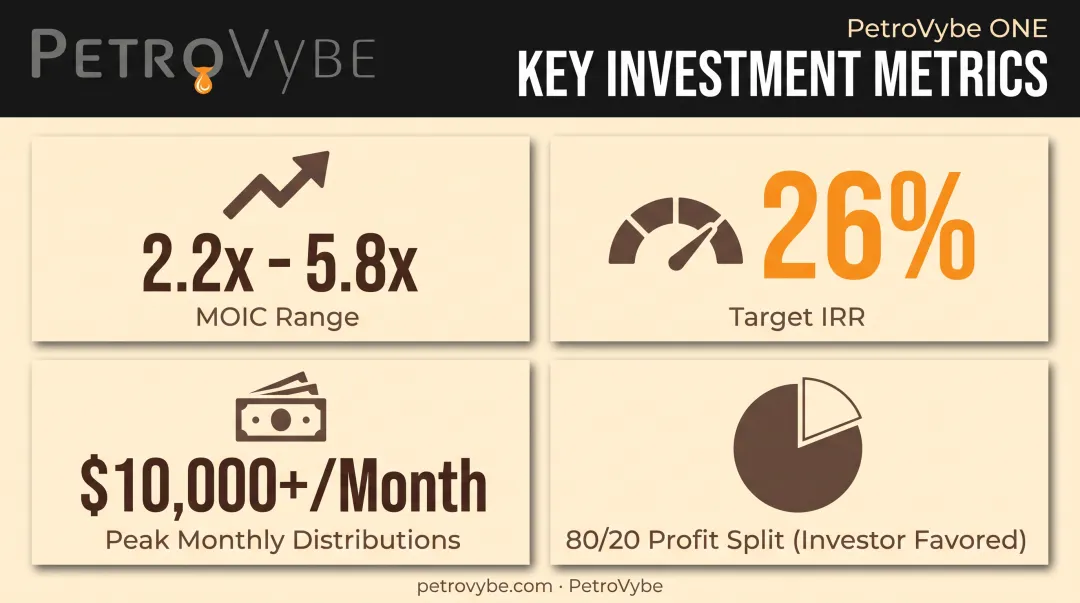 PetroVybe 10-year investment targets showing MOIC IRR and profit split
