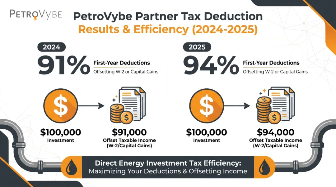 PetroVybe direct energy investment tax deduction results showing first-year deduction percentages