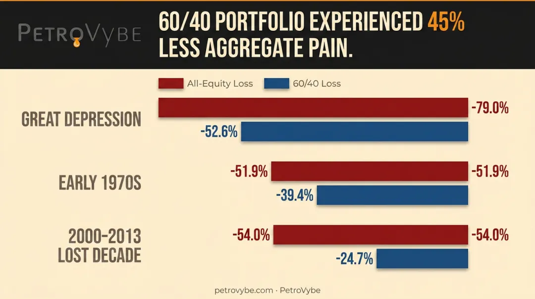 60/40 portfolio versus all-equity drawdown losses across three major market crises
