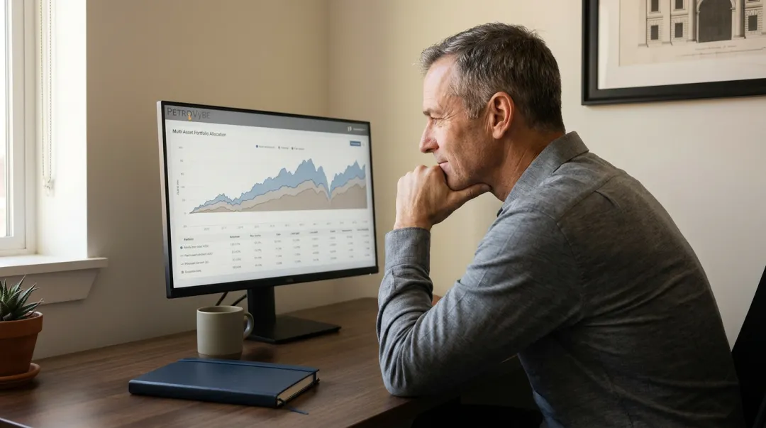Investor calmly reviewing diversified portfolio allocation on desktop during market volatility