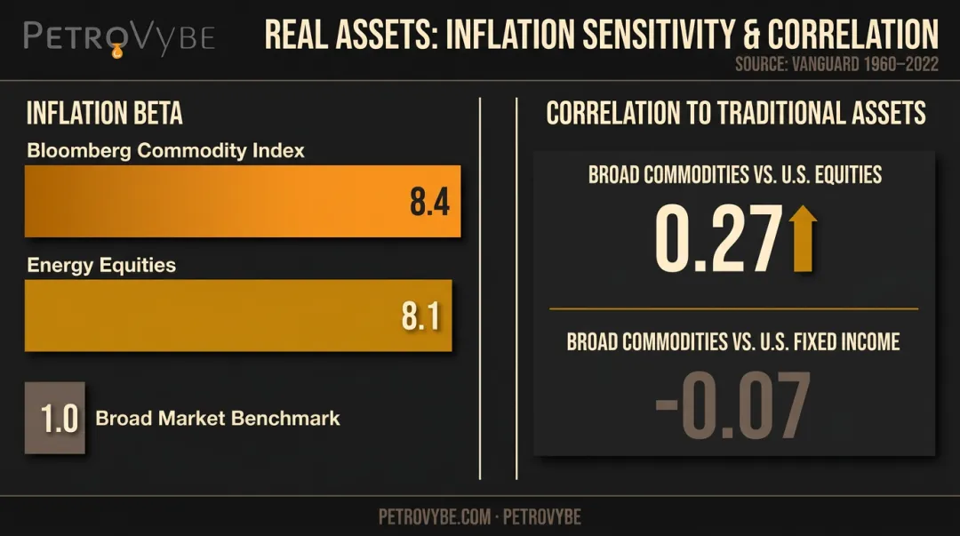 Real assets inflation beta and correlation statistics comparison infographic chart