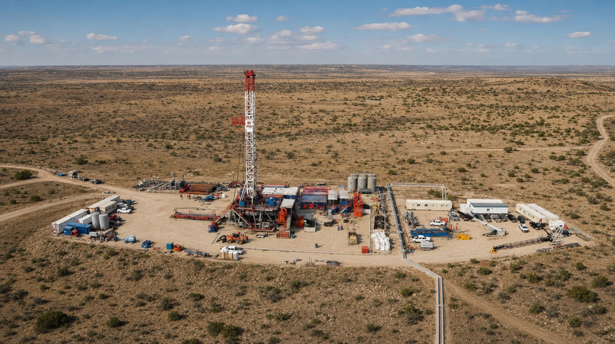 Natural gas drilling rig and well site during active oil and gas development