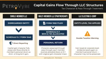 Three LLC structures pass-through capital gains tax reporting flow diagram