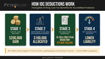 Oil and gas IDC deduction mechanism offsetting capital gains for accredited investors infographic