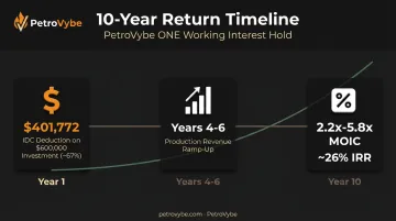 10-year working interest investment timeline showing IDC deduction MOIC and IRR targets