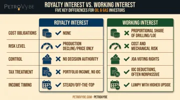 Royalty interest versus working interest comparison chart across cost risk and tax