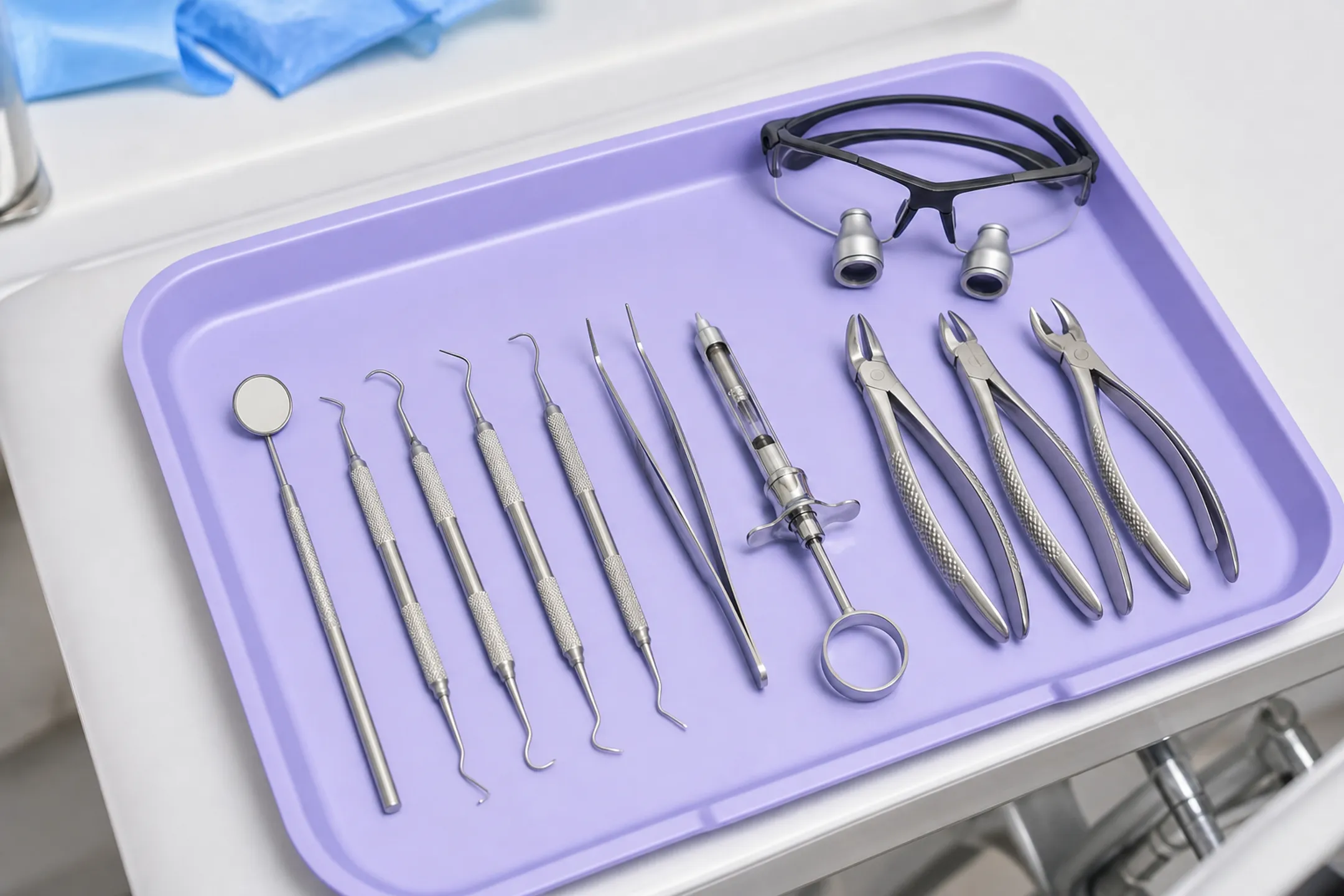 Dental hygienist tools and instruments including loupes and scalers on tray