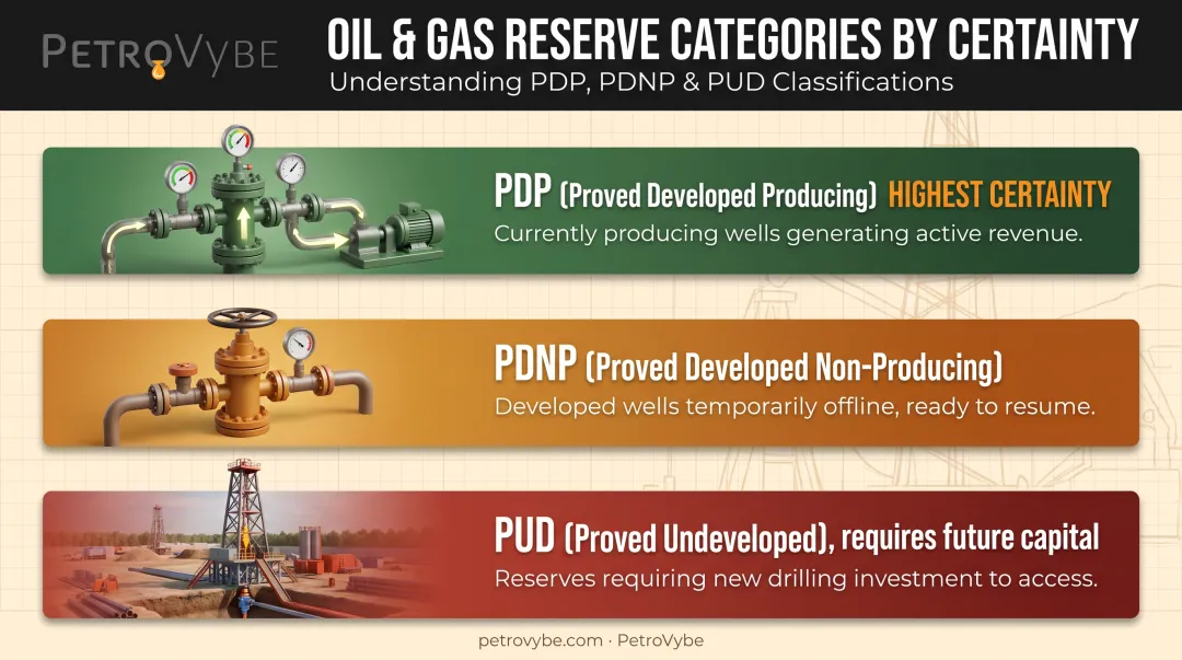 Three proved oil and gas reserve categories PDP PDNP PUD comparison