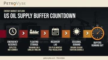 Timeline showing depletion of emergency oil reserves and floating storage buffers