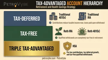 Tax-advantaged account hierarchy showing tax-deferred tax-free triple tax tiers