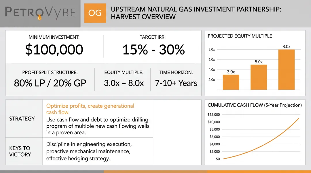 PetroVybe upstream investment partnership dashboard showing return targets and structure