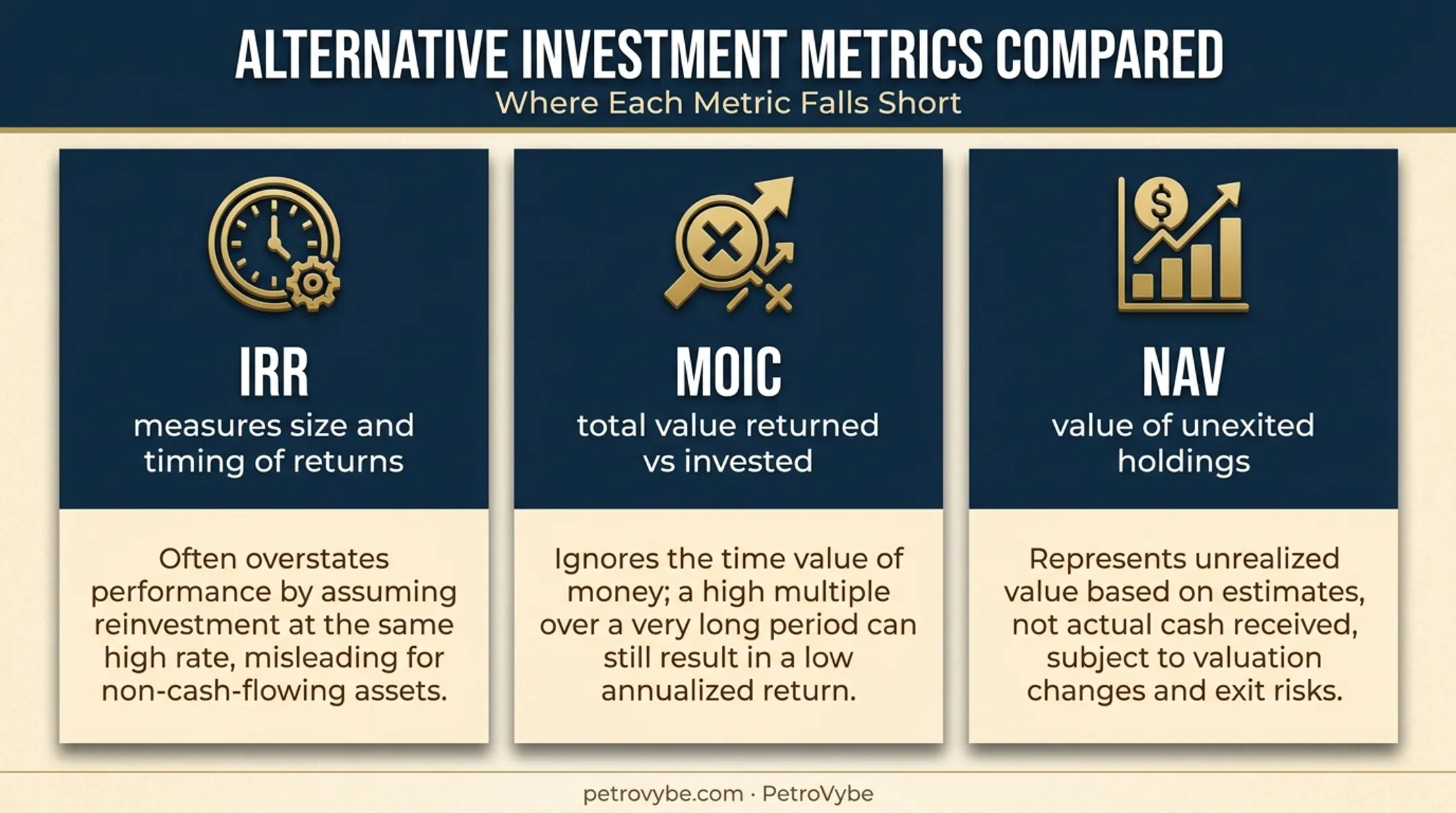 IRR MOIC and NAV metrics comparison table for alternative investments