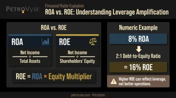 ROA versus ROE relationship showing how financial leverage amplifies equity returns