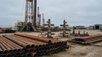 Idle oilfield surplus equipment yard with stacked casing and decommissioned rigs