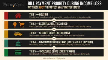 5-tier bill payment priority hierarchy during income loss infographic