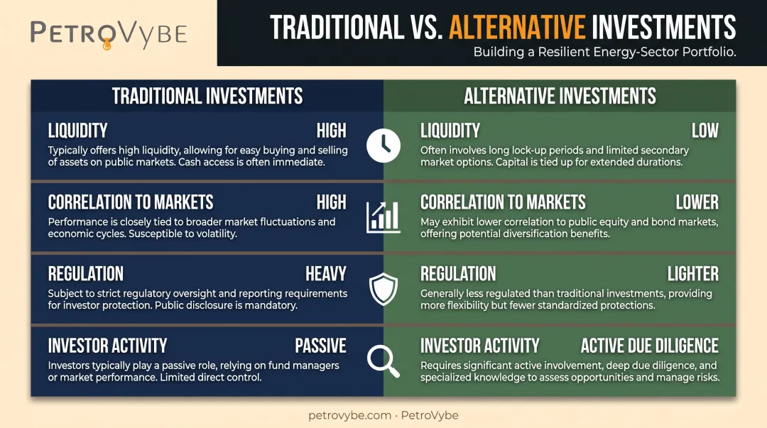 Traditional versus alternative investments comparison chart across four categories