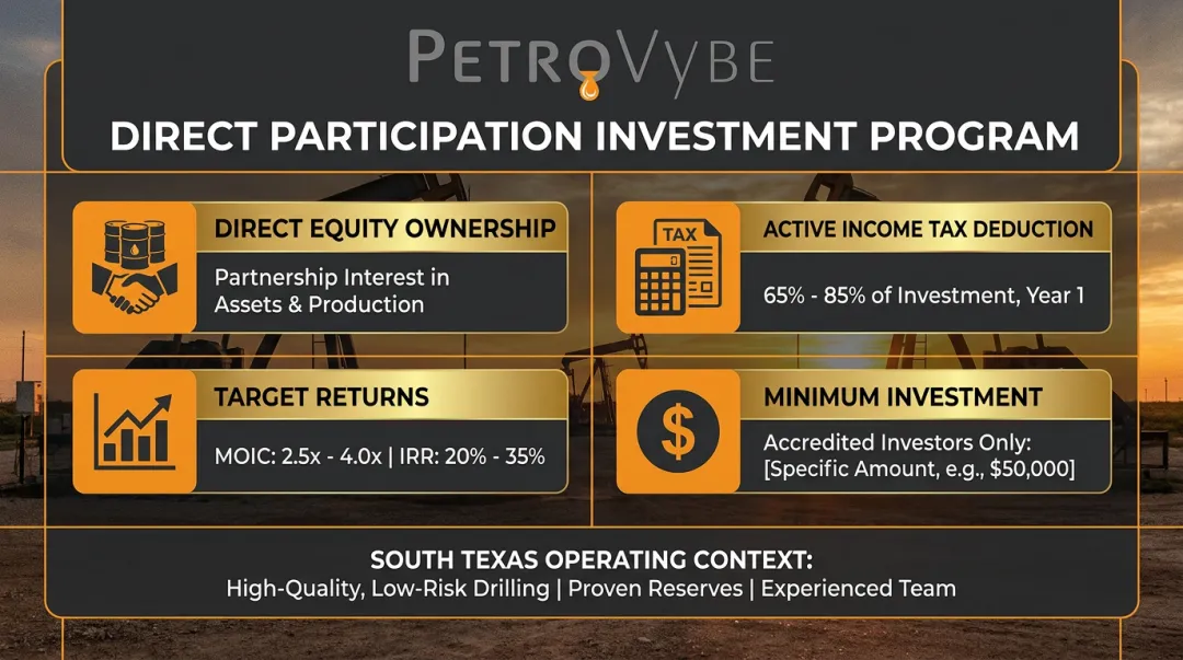 PetroVybe oil and gas development partnership structure showing investor key features