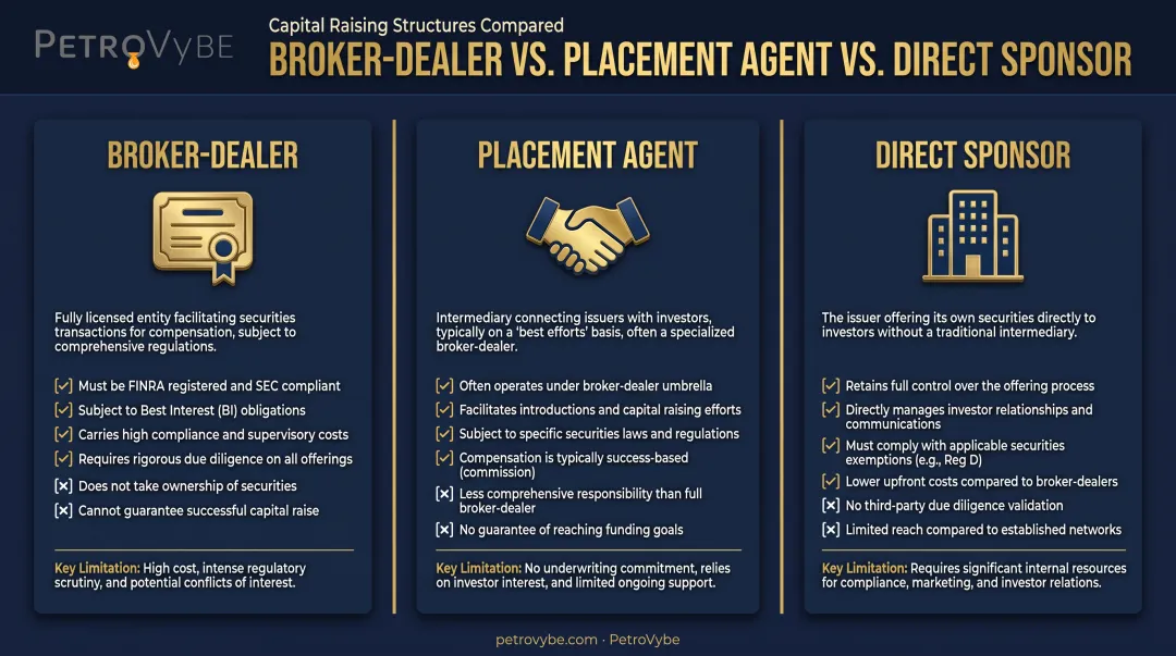 Broker-dealer versus placement agent versus direct sponsor comparison chart