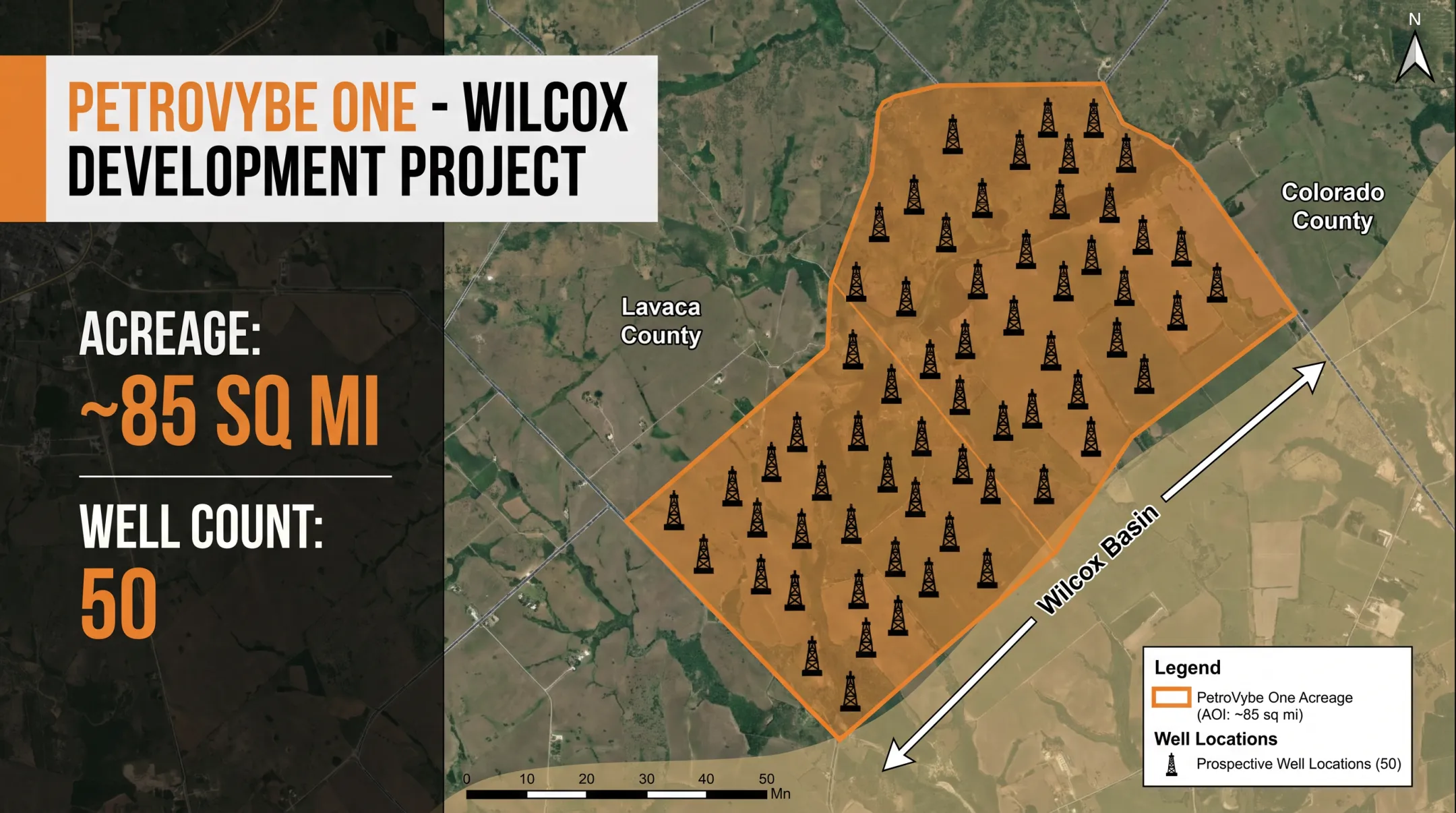 PetroVybe ONE drilling project map showing Lavaca County acreage and wells