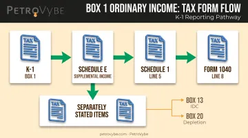 K-1 income flow chart from Box 1 through Schedule E to Form 1040