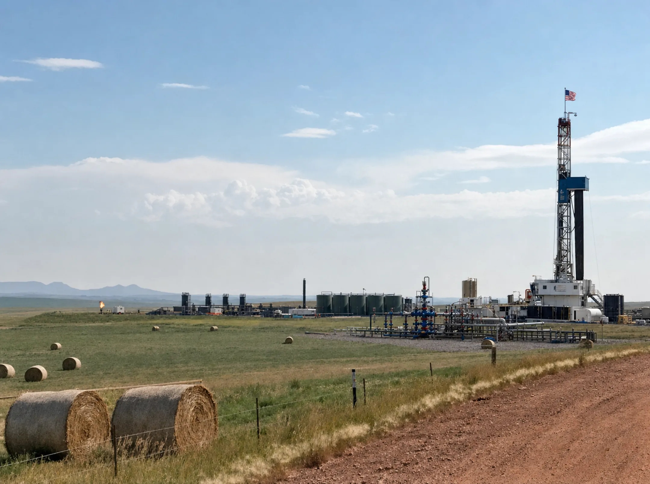 Natural gas drilling rig and production wells in rural development site