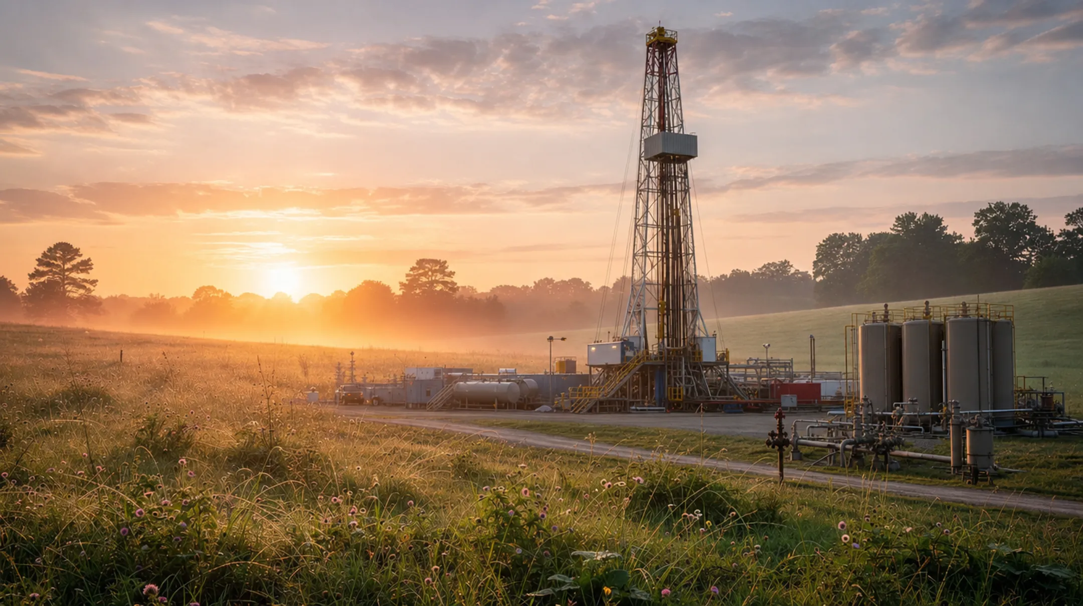 Natural gas drilling well site with equipment in rural Texas landscape