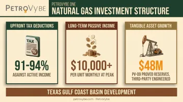 PetroVybe three-pillar natural gas investment structure and returns infographic