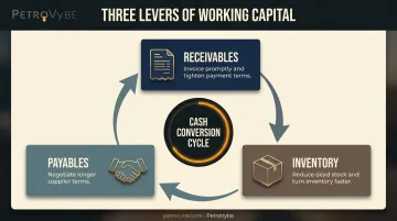 Cash conversion cycle three levers receivables payables inventory infographic