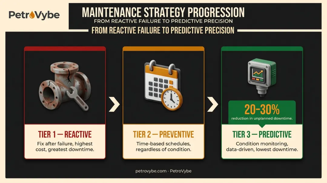 Three-tier oil and gas maintenance strategy progression from reactive to predictive