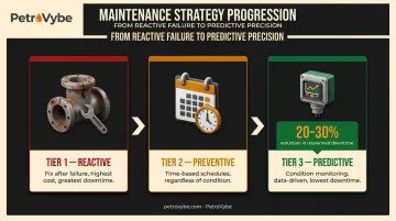 Three-tier oil and gas maintenance strategy progression from reactive to predictive