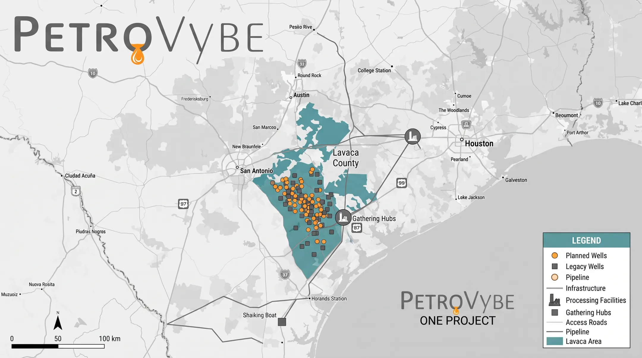 PetroVybe natural gas development project map showing Lavaca County wells
