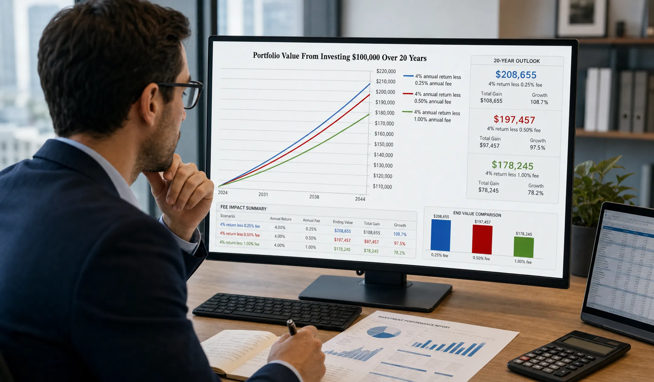 Financial analyst reviewing mutual fund expense ratio reports on computer