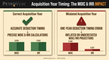 Comparison of correct versus misdated acquisition year impact on MOIC and IRR projections