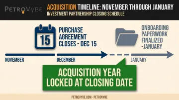 Timeline showing working interest closing date locking in acquisition year for tax purposes