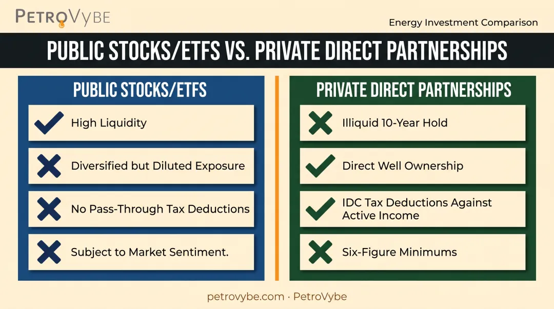 Public fracking stocks versus private direct development partnerships comparison chart
