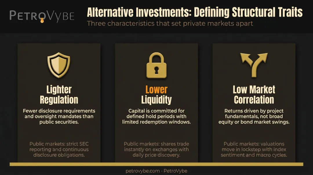 Three defining characteristics of alternative investments compared to public securities