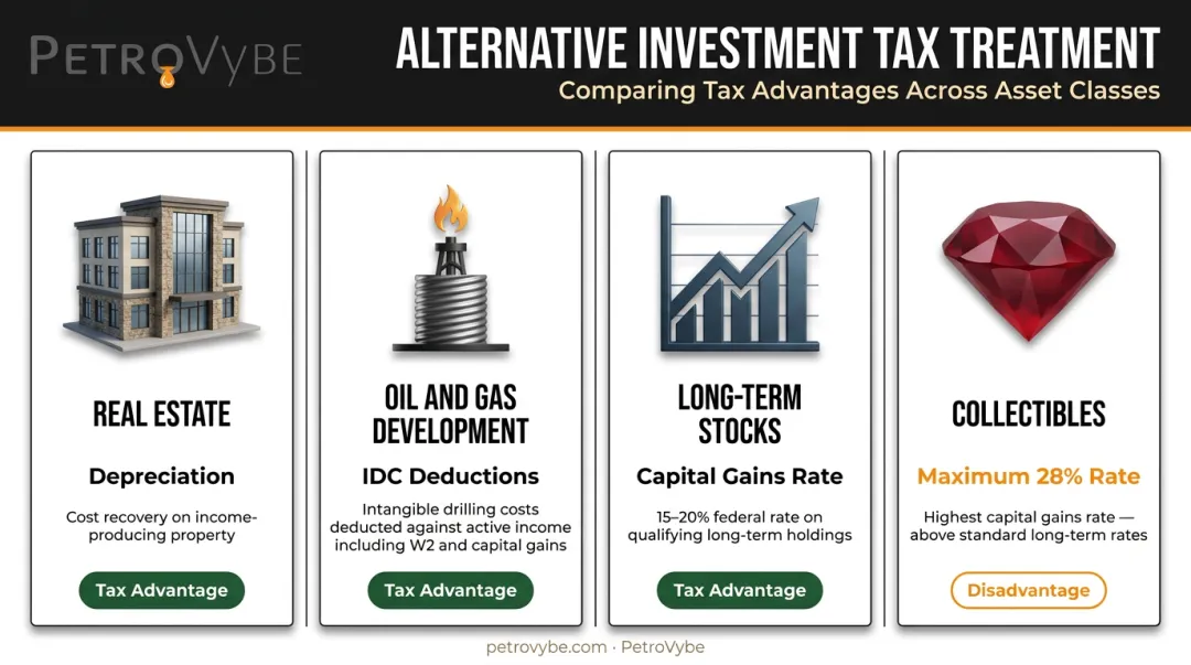 Alternative investment tax advantages comparison chart across four major asset classes