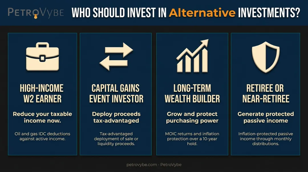 Four ideal alternative investor profiles matching investment goals to asset class strategies