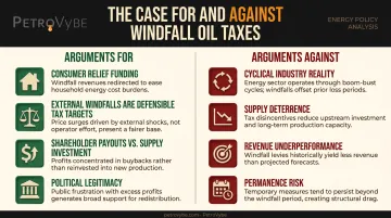 Windfall profits tax arguments for versus against side-by-side policy comparison infographic